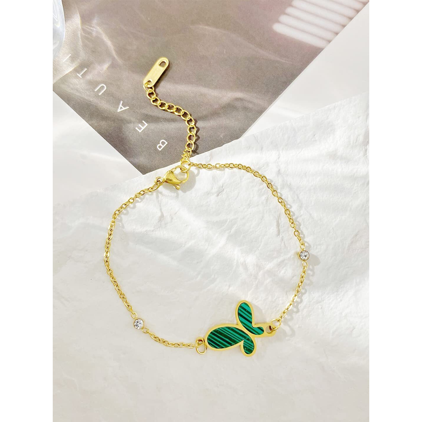 Yellow Chimes Bracelet for Women Stainless Steel Gold Plated Green Butterfly Charm Bracelet for Women and Girls