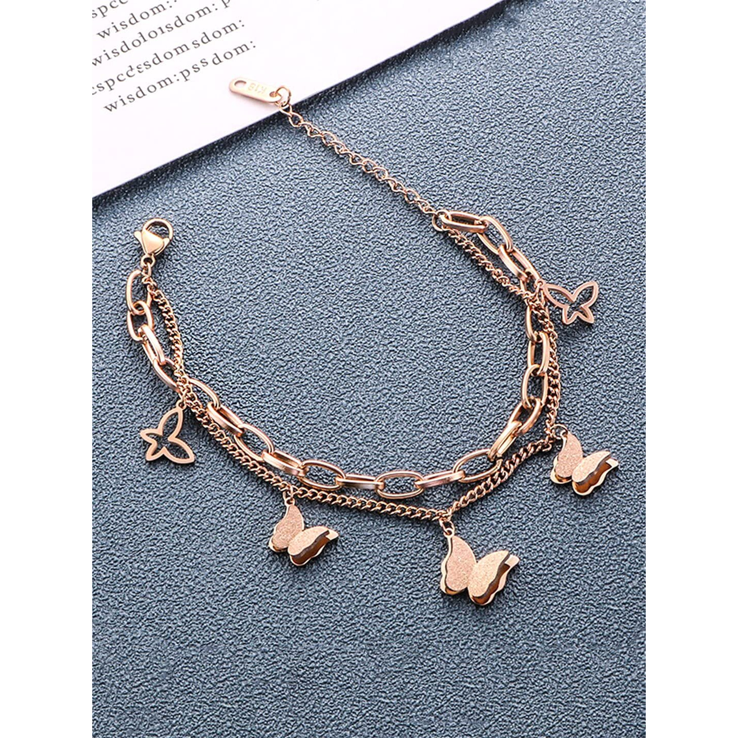Yellow Chimes Bracelet for Women Rose Gold Stainless Steel Butterfly Charm Adjustable Chain Bracelet for Women and Girls