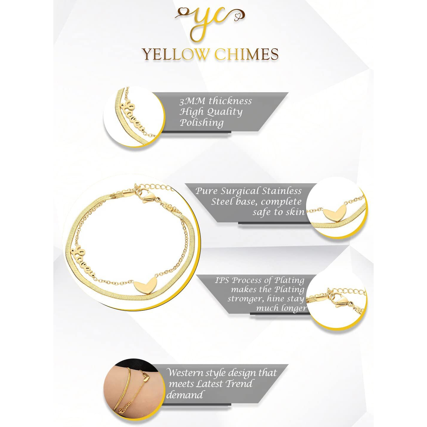 Yellow Chimes Chain Bracelet for Women Gold-Plated 2 Layered Stainless Steel Heart Charm Love Bracelet For Women and Girls