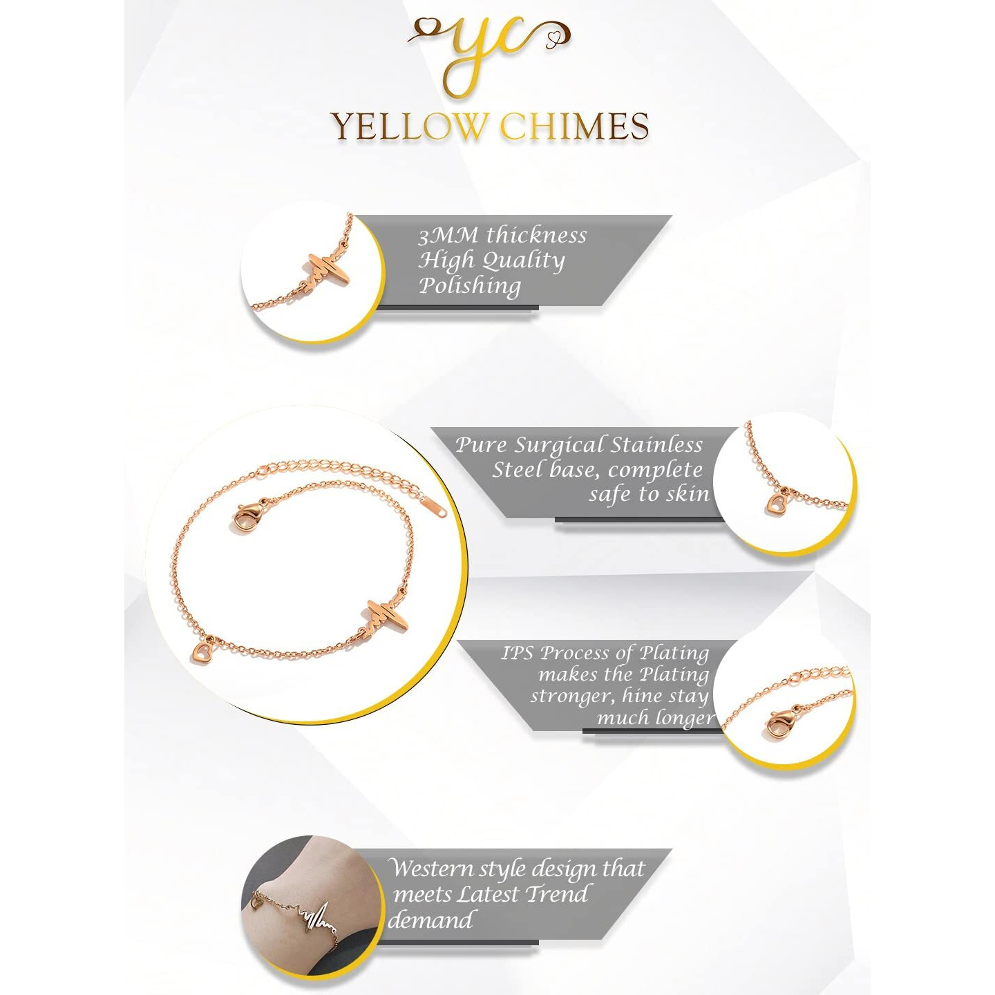 Yellow Chimes Bracelet for Women Rose Gold-Plated Stainless Steel Heartbeat Love Heart Charm Bracelet For Women and Girls Valentine Gift for Girls