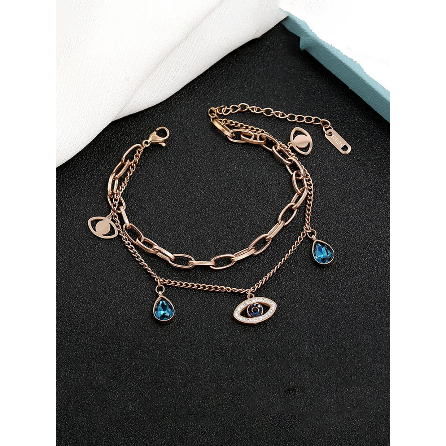 Yellow Chimes Evil Eye Bracelet for Women Rose Gold-Plated Crystal Studded Link Chain Charm Bracelet For Women and Girls