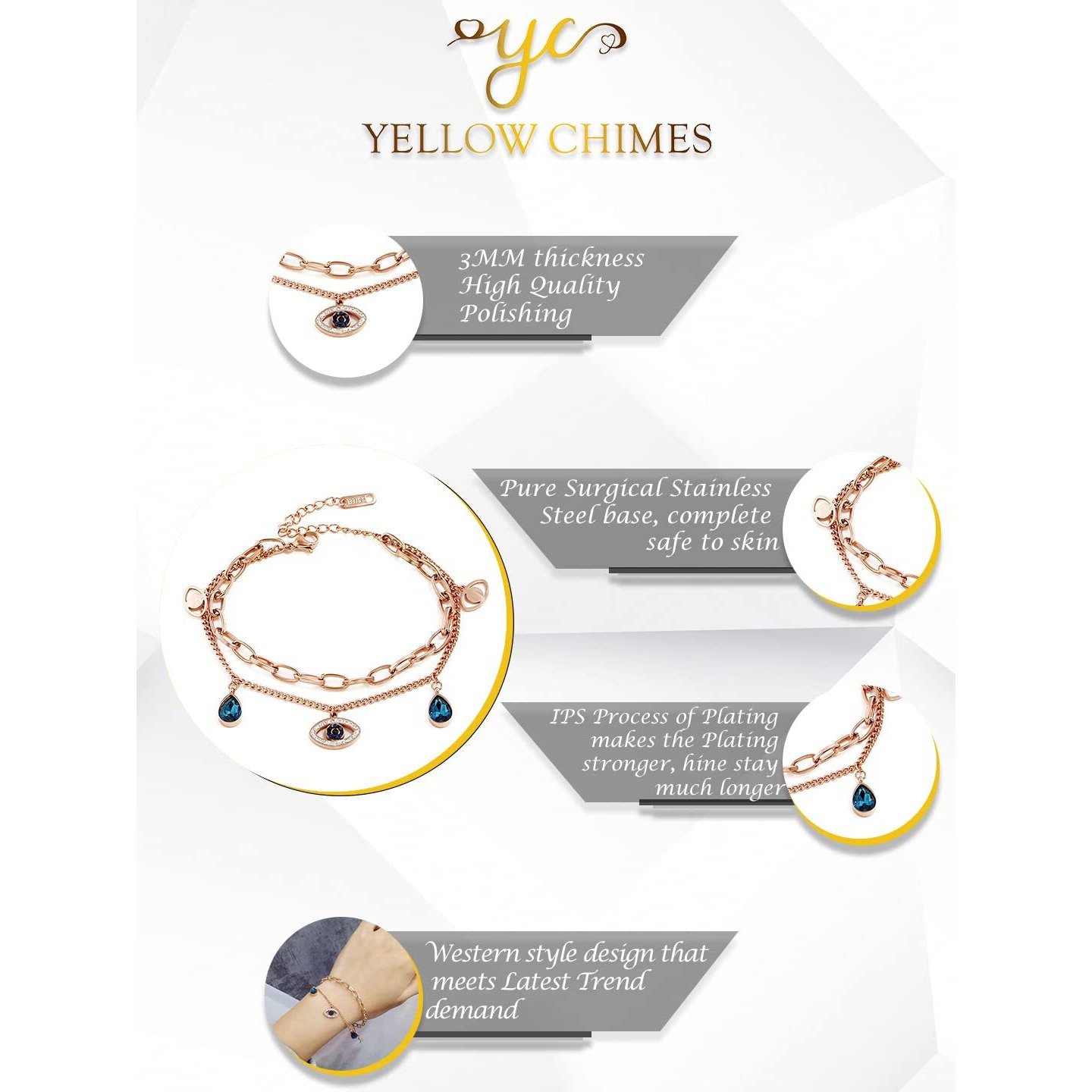 Yellow Chimes Evil Eye Bracelet for Women Rose Gold-Plated Crystal Studded Link Chain Charm Bracelet For Women and Girls