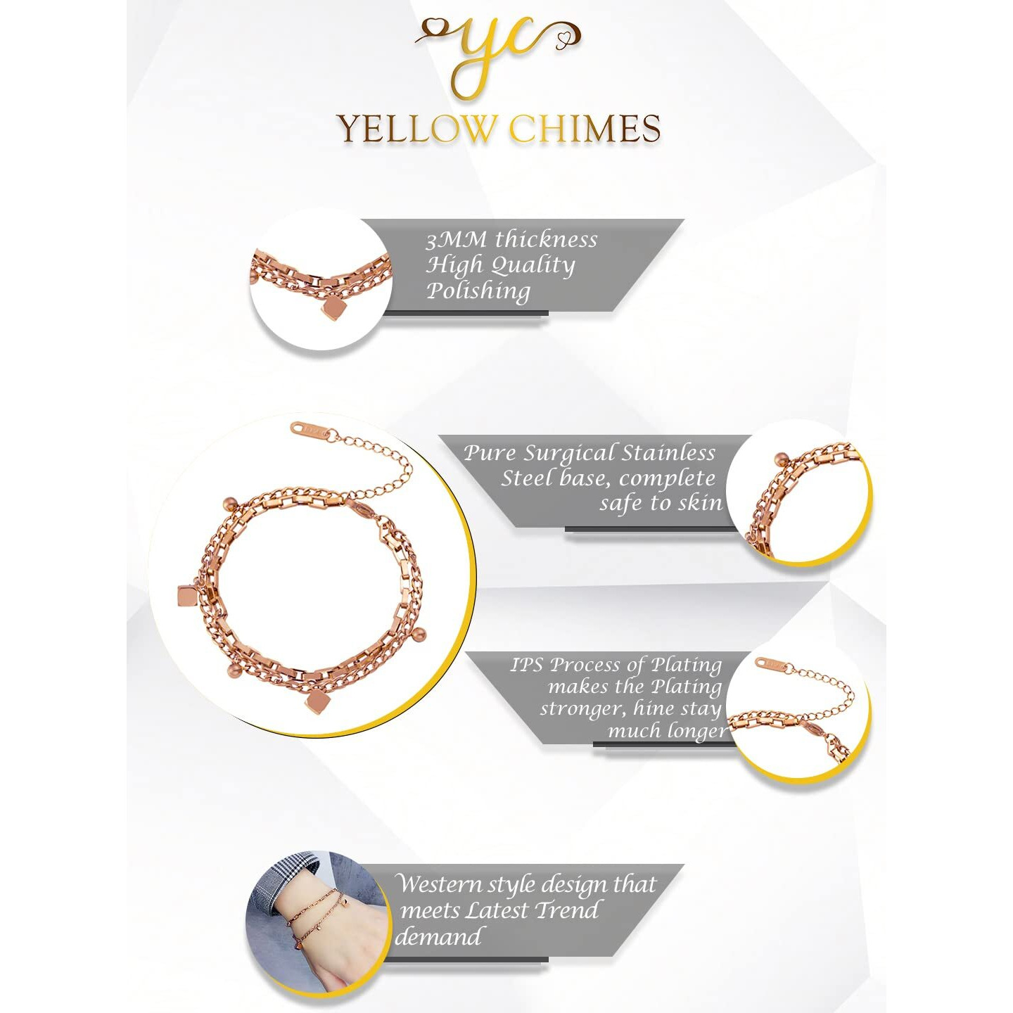 Yellow Chimes Chain Bracelet for Women Rose Gold-Plated Stainless Steel Layered Link Chain Bracelet For Women and Girls