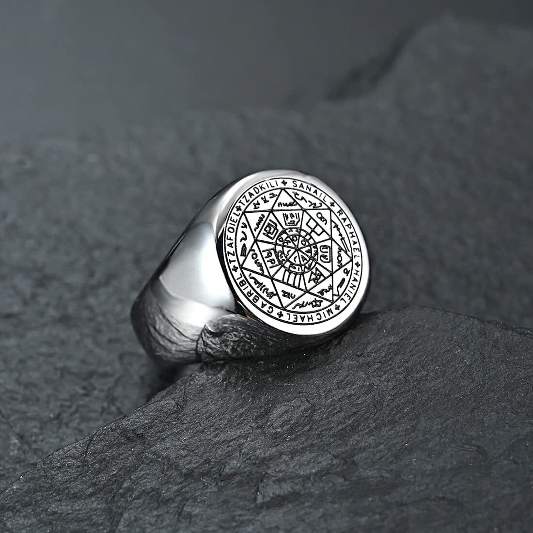 Yellow Chimes Silver Rings For Men | Stainless Steel Men Ring | Seals of the Seven Archangels Protection Silver Finger Ring for Boys | Ideal Gift For Men and Boys