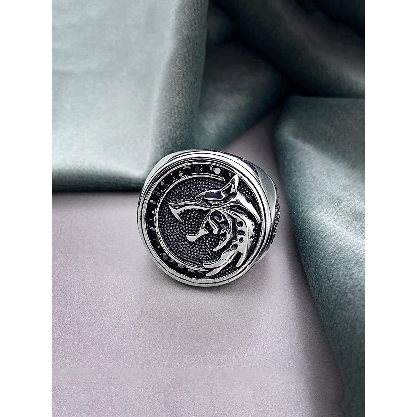 Yellow Chimes Rings for Men Stainless Steel Men Ring Viking Ring Wizard Warrior Hunter Wolf Head Silver Ring for Men and Boys