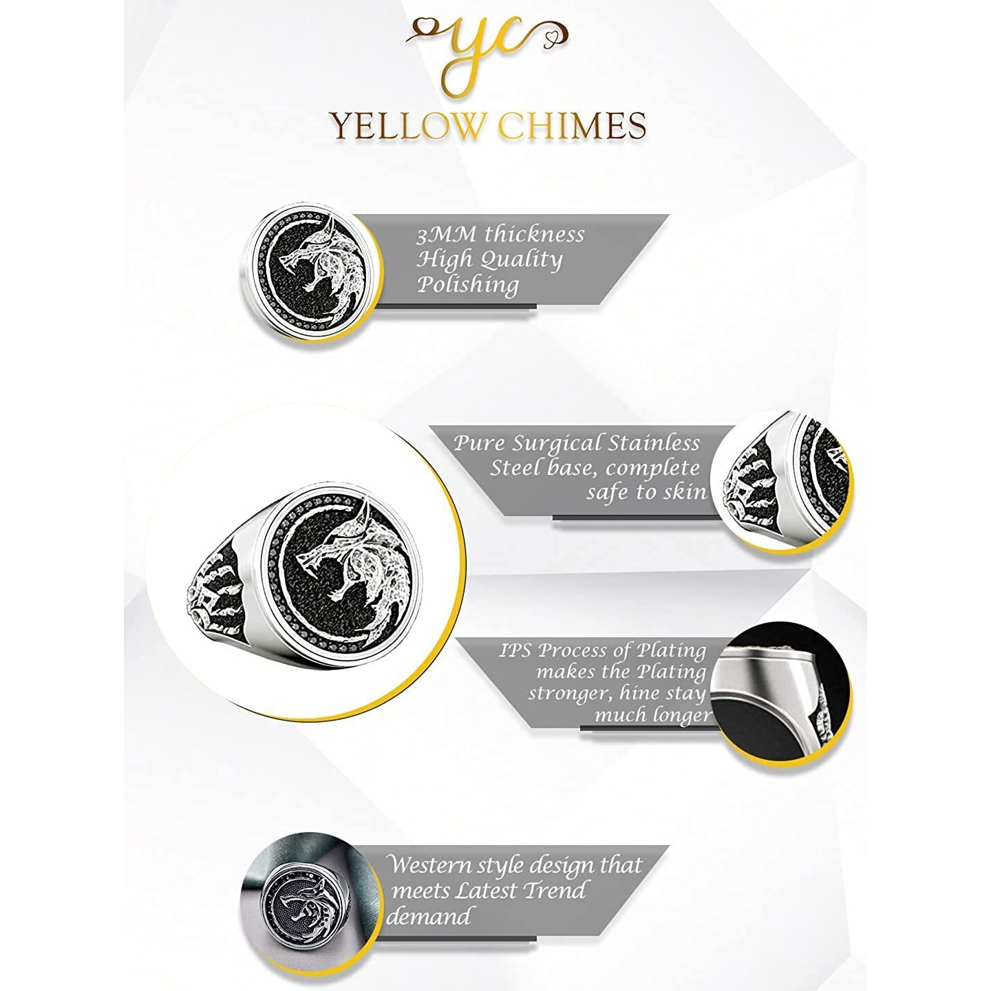 Yellow Chimes Rings for Men Stainless Steel Men Ring Viking Ring Wizard Warrior Hunter Wolf Head Silver Ring for Men and Boys