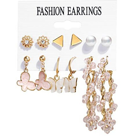 Yellow Chimes Hoop Earrings for Women Set of 6 Pairs Gold Plated Butterfly Pink Combo Stud Hoop Earrings Set For Women And Girls