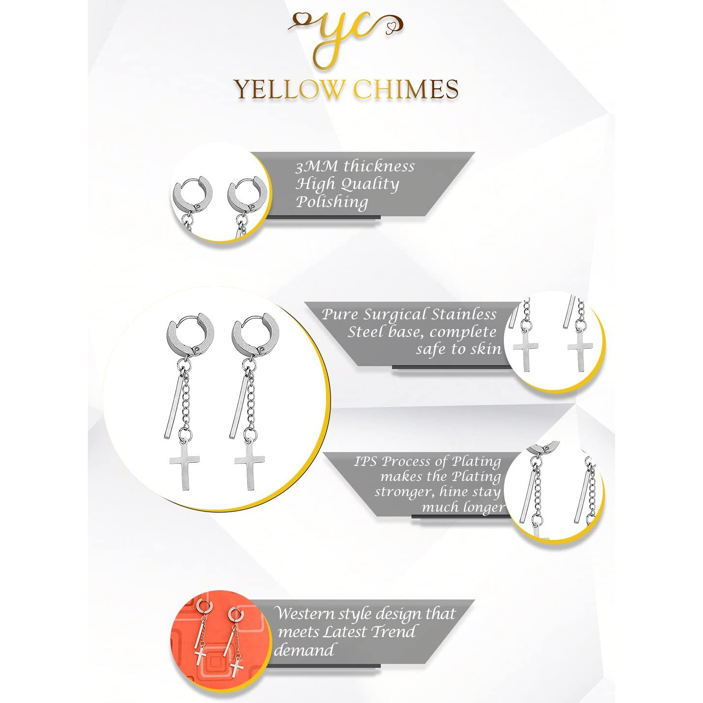 Yellow Chimes Earrings for Men and Boys 2 Pcs Stainless Steel Cross Dangler Huggie Hoop Earrings for Men | Accessoriess Jewellery for Men | Birthday Gift for Men and Boys Anniversary Gift for Husband