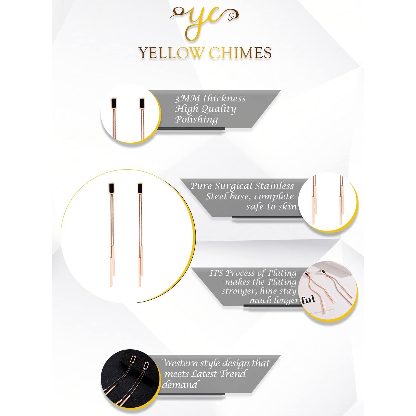 Yellow Chimes Danglers Earrings for Women | Rose Gold Earrings for Girls | Fashion Women Earrings | Stainless Steel Long Chain Dangler Earrings | Birthday Gift For Girls Anniversary Gift for Wife