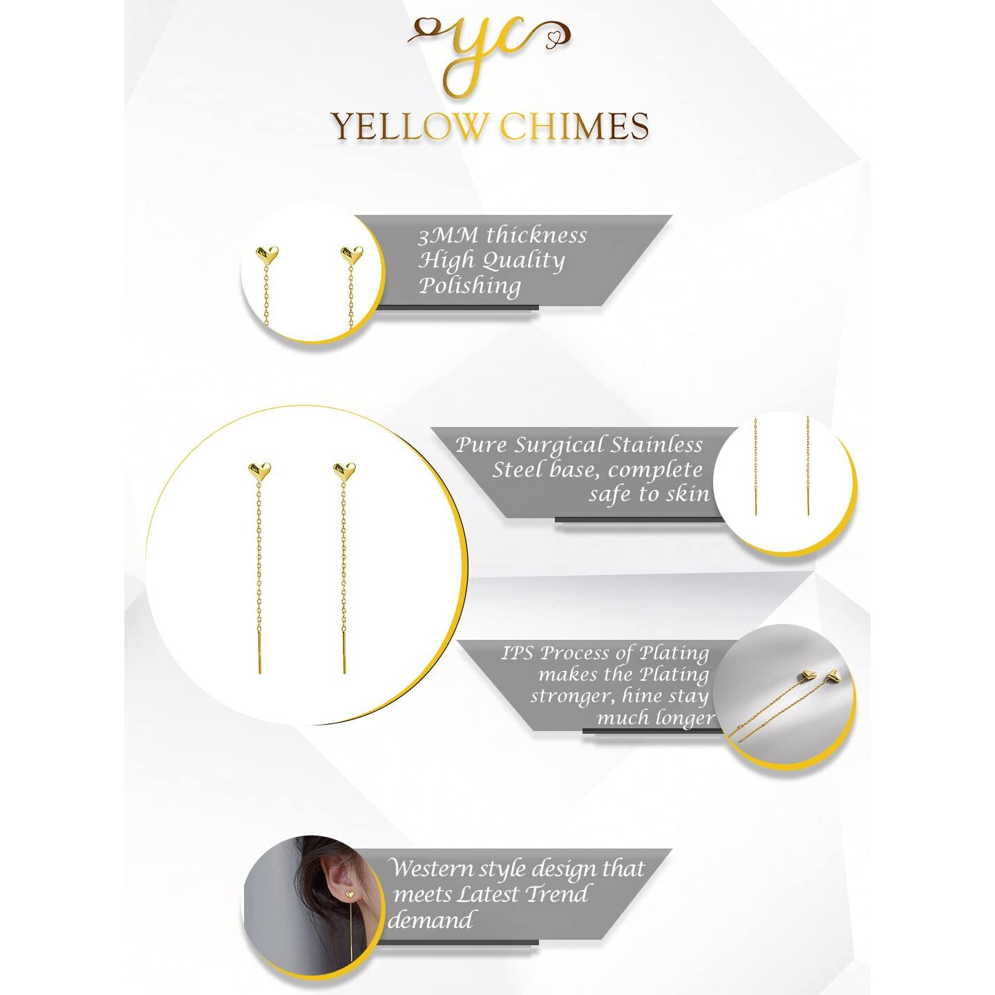 Yellow Chimes Threader Earrings for Women Gold Plated Heart Shaped Long Chain Threader Earrings For Women and Girls Valentine Gift for Girls