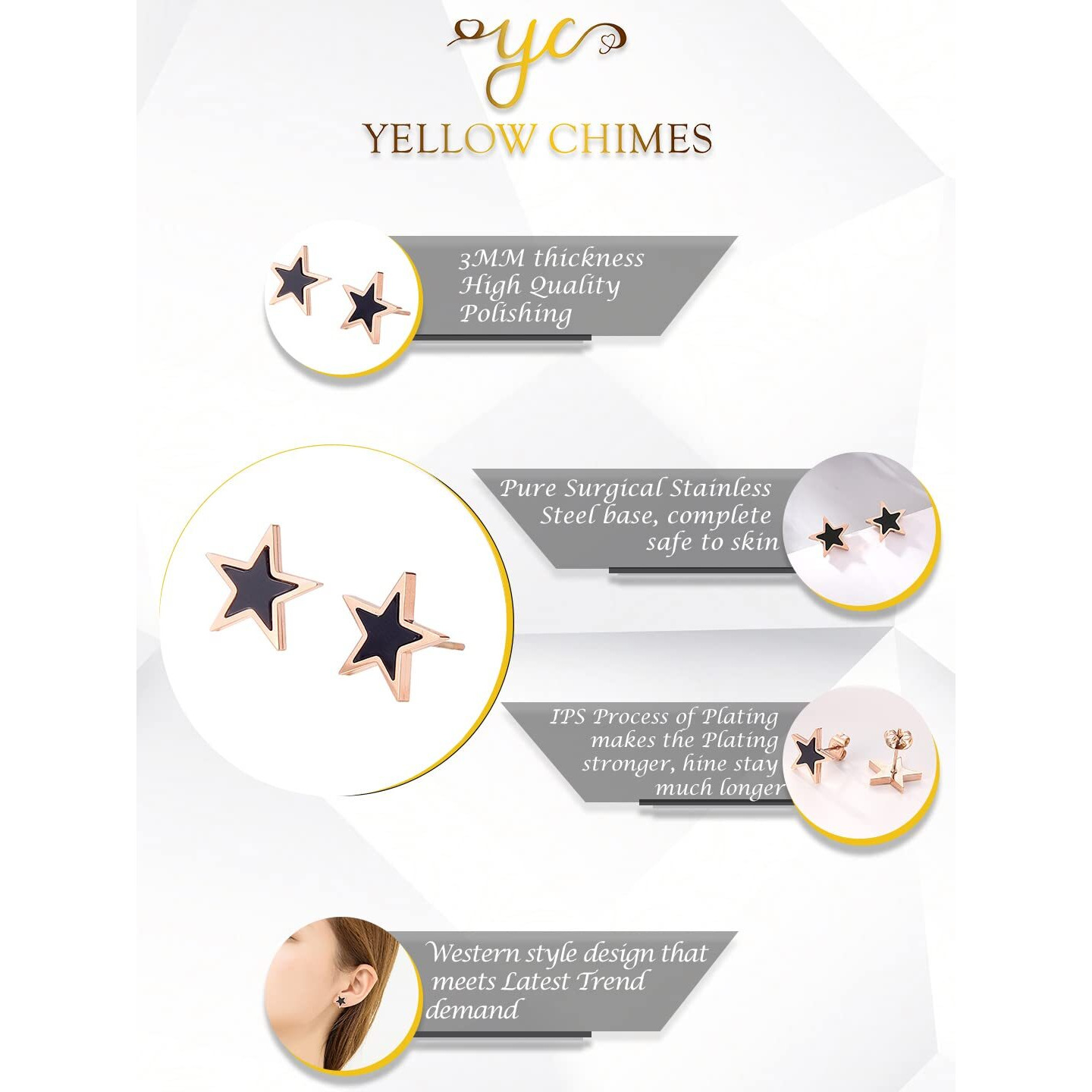 Yellow Chimes Stud Earrings for Women Western Rose Gold Plated Stainless Steel Black Star Shaped Studs Earrings For Women and Girls