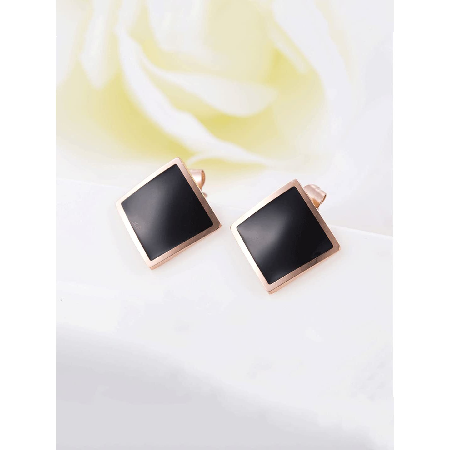Yellow Chimes Stud Earrings for Women Western Rose Gold Plated Stainless Steel Black Square Stud Earrings For Women and Girls