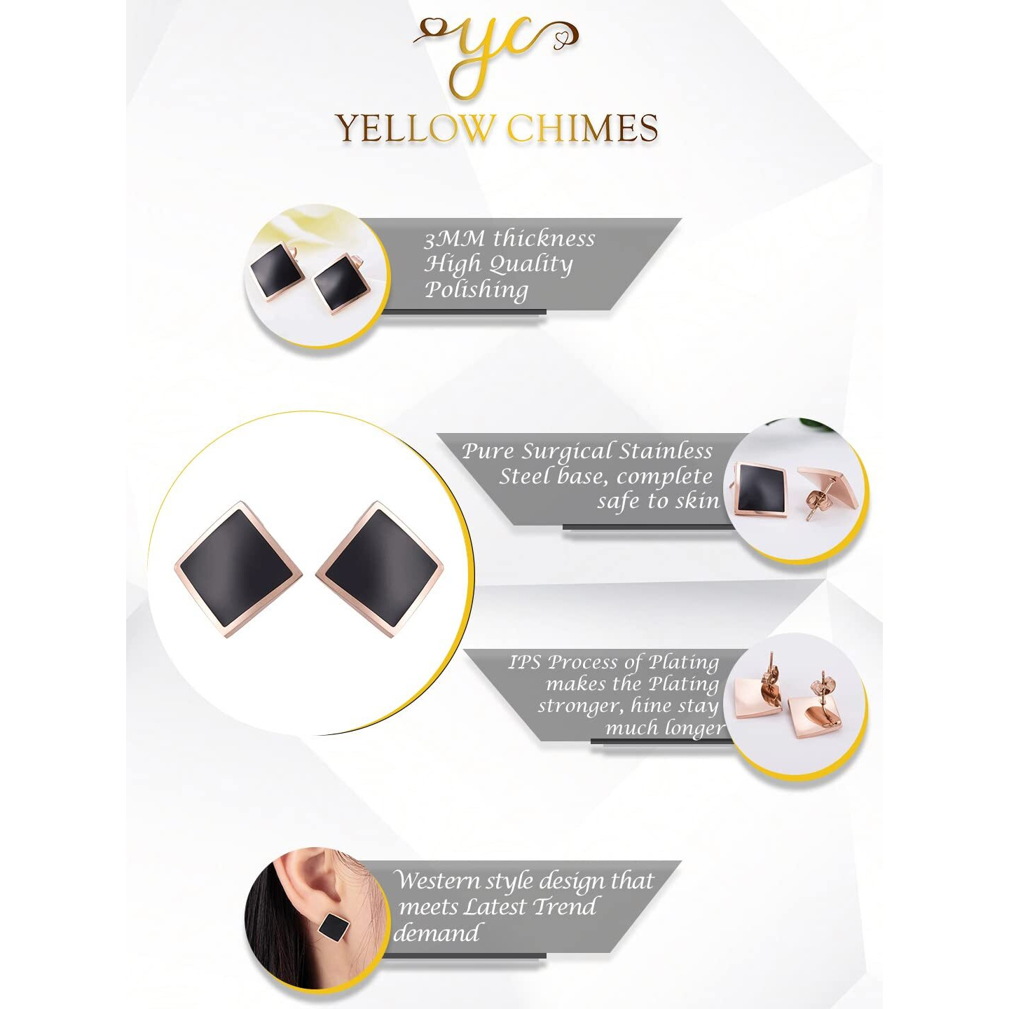 Yellow Chimes Stud Earrings for Women Western Rose Gold Plated Stainless Steel Black Square Stud Earrings For Women and Girls