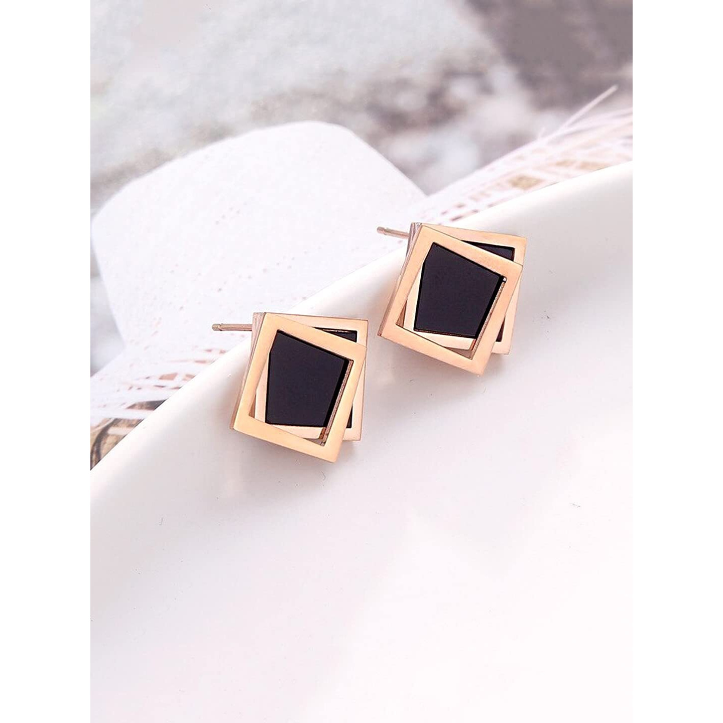 Yellow Chimes Stud Earrings for Women Western Rose Gold Plated Stainless Steel Black Square Studs Earrings For Women and Girls