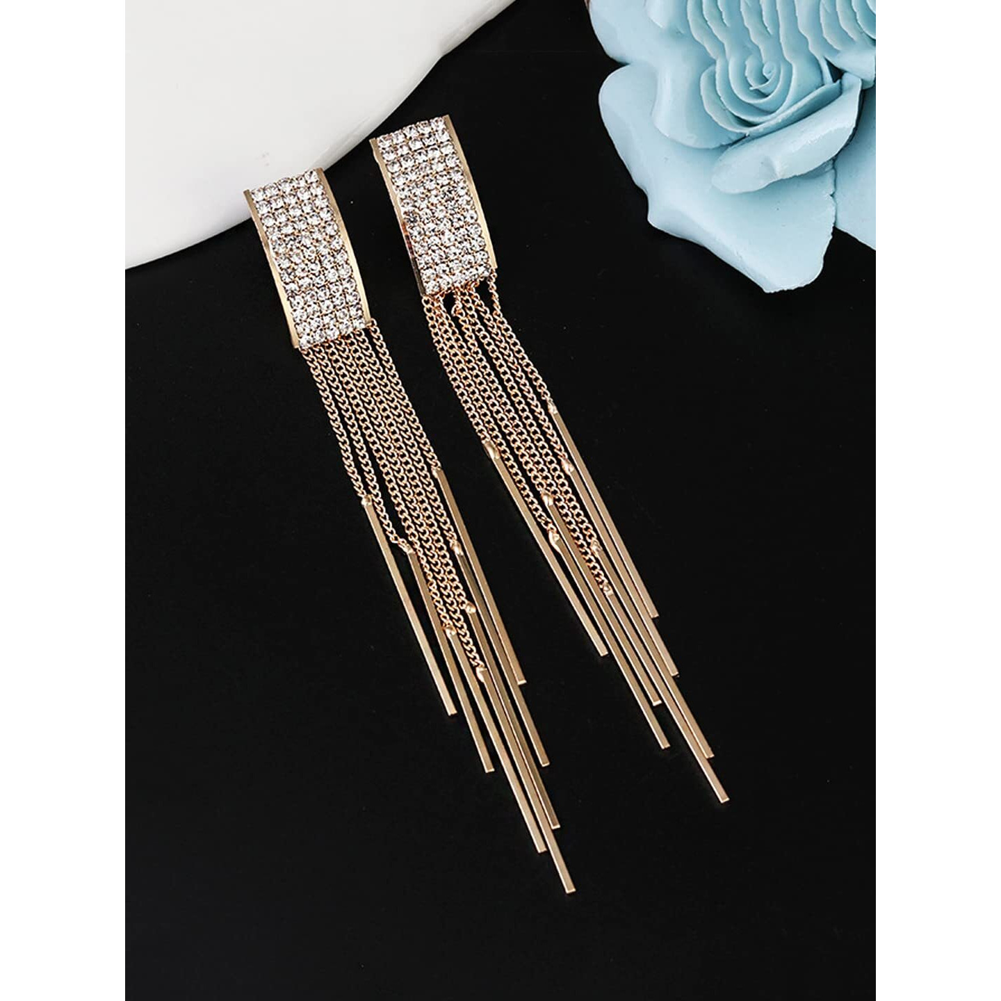 Yellow Chimes Danglers Earrings for Women Gold Plated Crystal Studded Multi Chain Layer Long Dangle Earrings for Women and Girls.