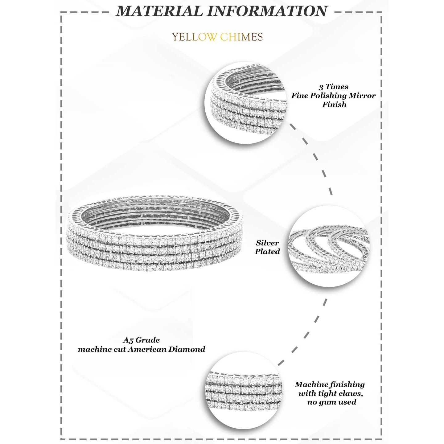 Yellow Chimes American Diamond Bangles for Women Silver Plated 4 PCs High Grade Authentic White AD Jewellery Bangles Set for Women and Girls