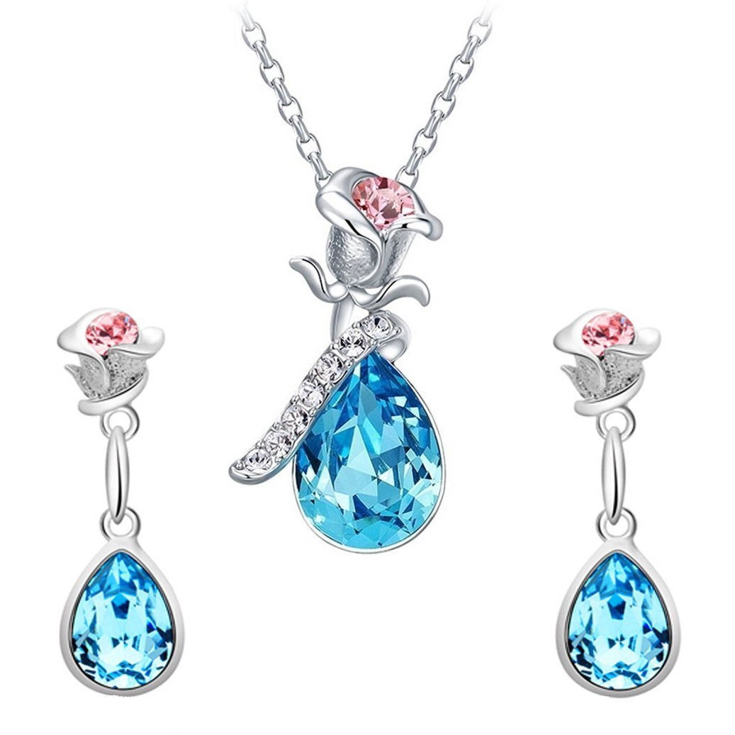 Yellow Chimes Pendant Set for Women and Girls A5 High Grade Blue Crystal Pendant Set Silver Tone Floral Pendant With Earrings Set for Girls | Birthday Anniversary Gift for Wife