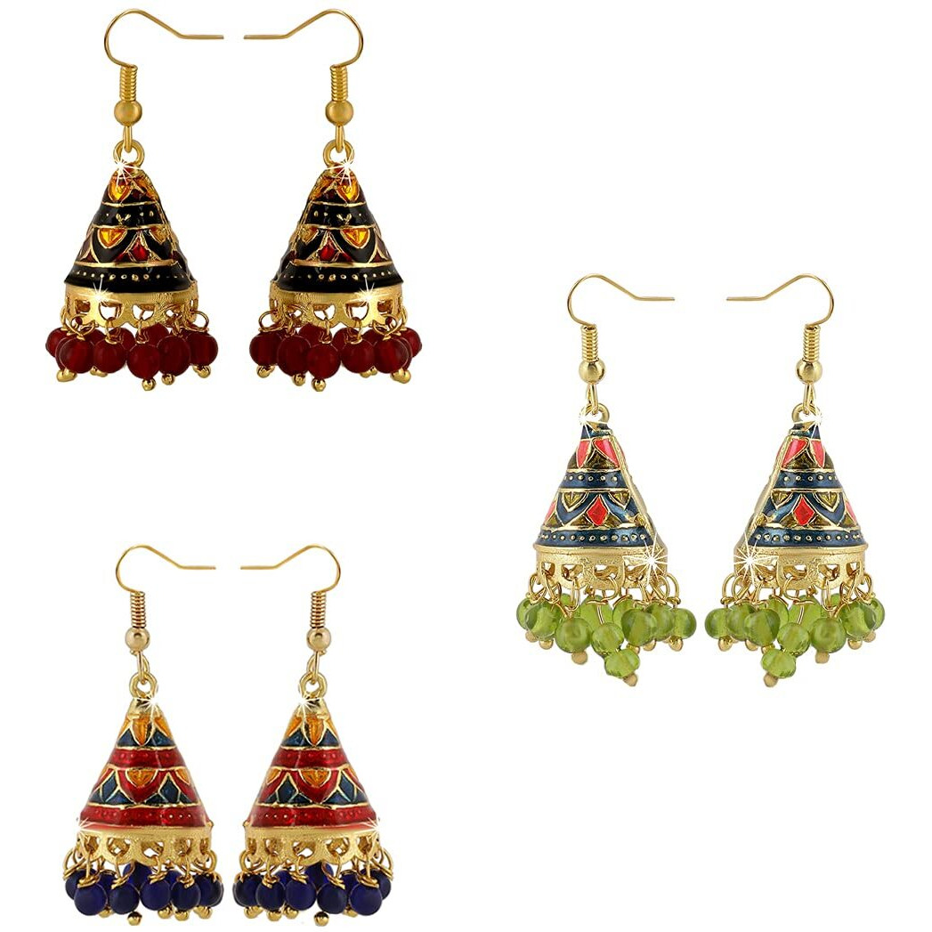 Yellow Chimes Craftsmanship Work Meenakari Handcrafted Jaipur Rajasthani Style Traditional Gold Plated Multicolour Jhumka/Jhumki Earrings for Women - Combo of 3 Pair