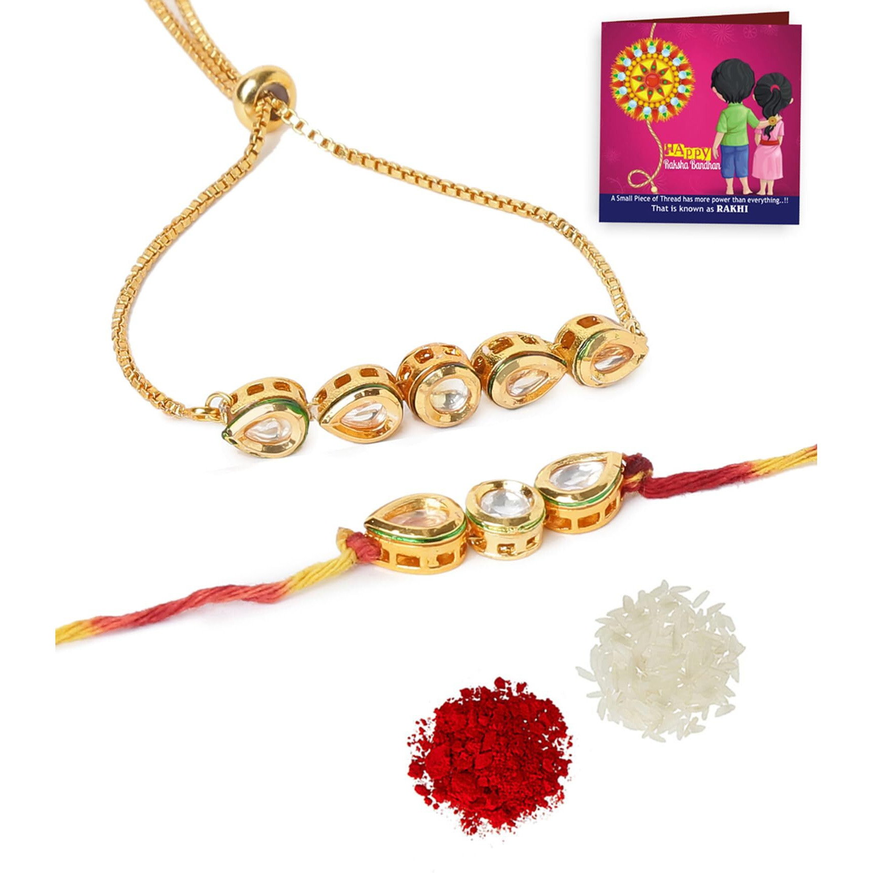Yellow Chimes Rakhi for Brother and Bhabhi Gold Plated Kundan Bhaiya Bhabhi Rakhi Set Handmade Dori Worked Rakhi Combo of 2 PCs Men Rakhi Bracelet With Roli & Chawal