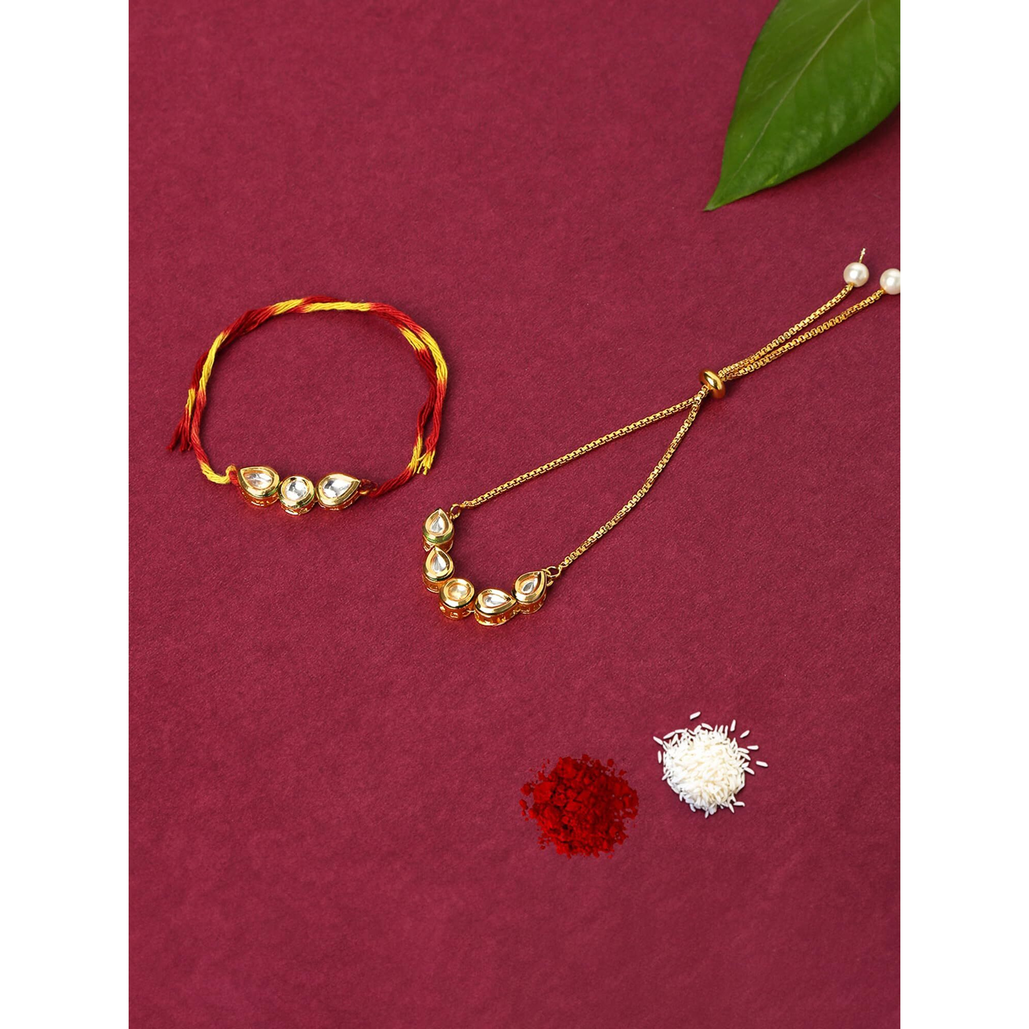 Yellow Chimes Rakhi for Brother and Bhabhi Gold Plated Kundan Bhaiya Bhabhi Rakhi Set Handmade Dori Worked Rakhi Combo of 2 PCs Men Rakhi Bracelet With Roli & Chawal