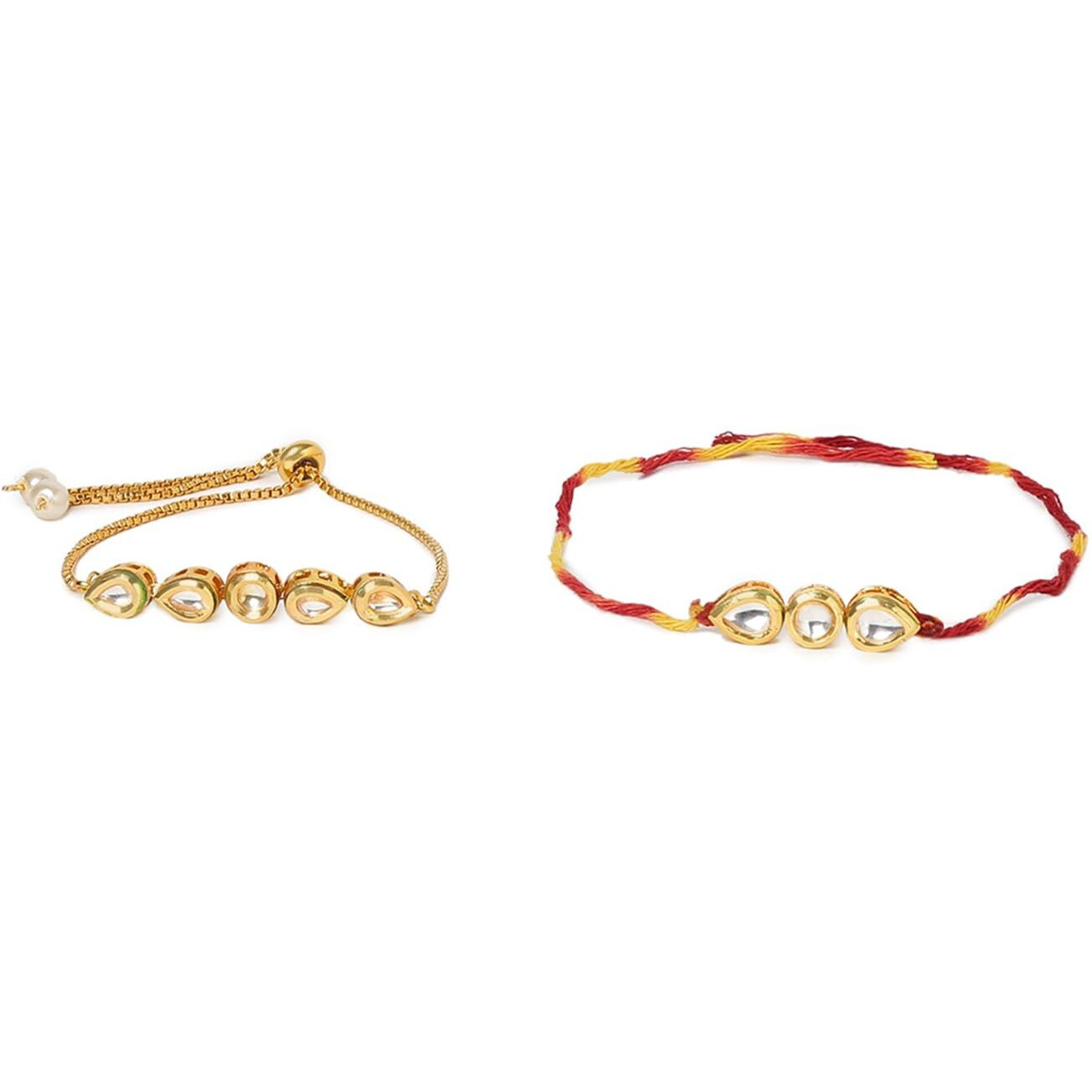 Yellow Chimes Rakhi for Brother and Bhabhi Gold Plated Kundan Bhaiya Bhabhi Rakhi Set Handmade Dori Worked Rakhi Combo of 2 PCs Men Rakhi Bracelet With Roli & Chawal