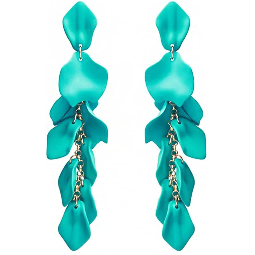 Yellow Chimes Elegant Latest Fashion Gold Plated Teal Blue Colour Flower Petals Design Dangler Earrings for Women and Girls, Medium (YCFJER-PETLDNG-TBL)