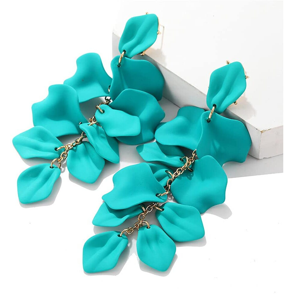 Yellow Chimes Elegant Latest Fashion Gold Plated Teal Blue Colour Flower Petals Design Dangler Earrings for Women and Girls, Medium (YCFJER-PETLDNG-TBL)