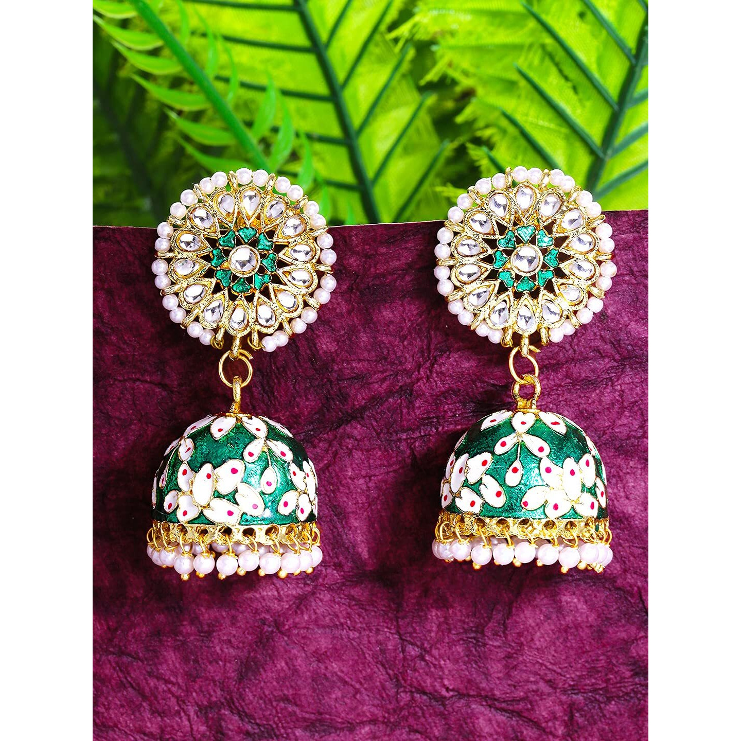 Yellow Chimes Ethnic Gold Plated Traditional Meenakari Flower Design Chandbali Beads Dangler Earrings for Women and Girls (Design 10)