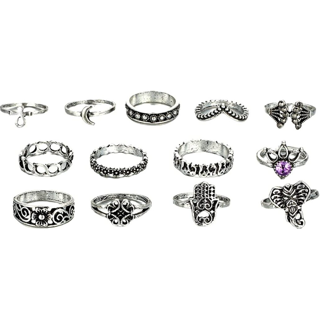 Yellow Chimes Rings for Women and Girls Fashion Aesthetic Ring Set Oxidised Silver Toned Aesthetic Rings Vintage Style Midi Finger 13 PCS Knuckle Rings Set | Birthday Gift For Girls & Women
