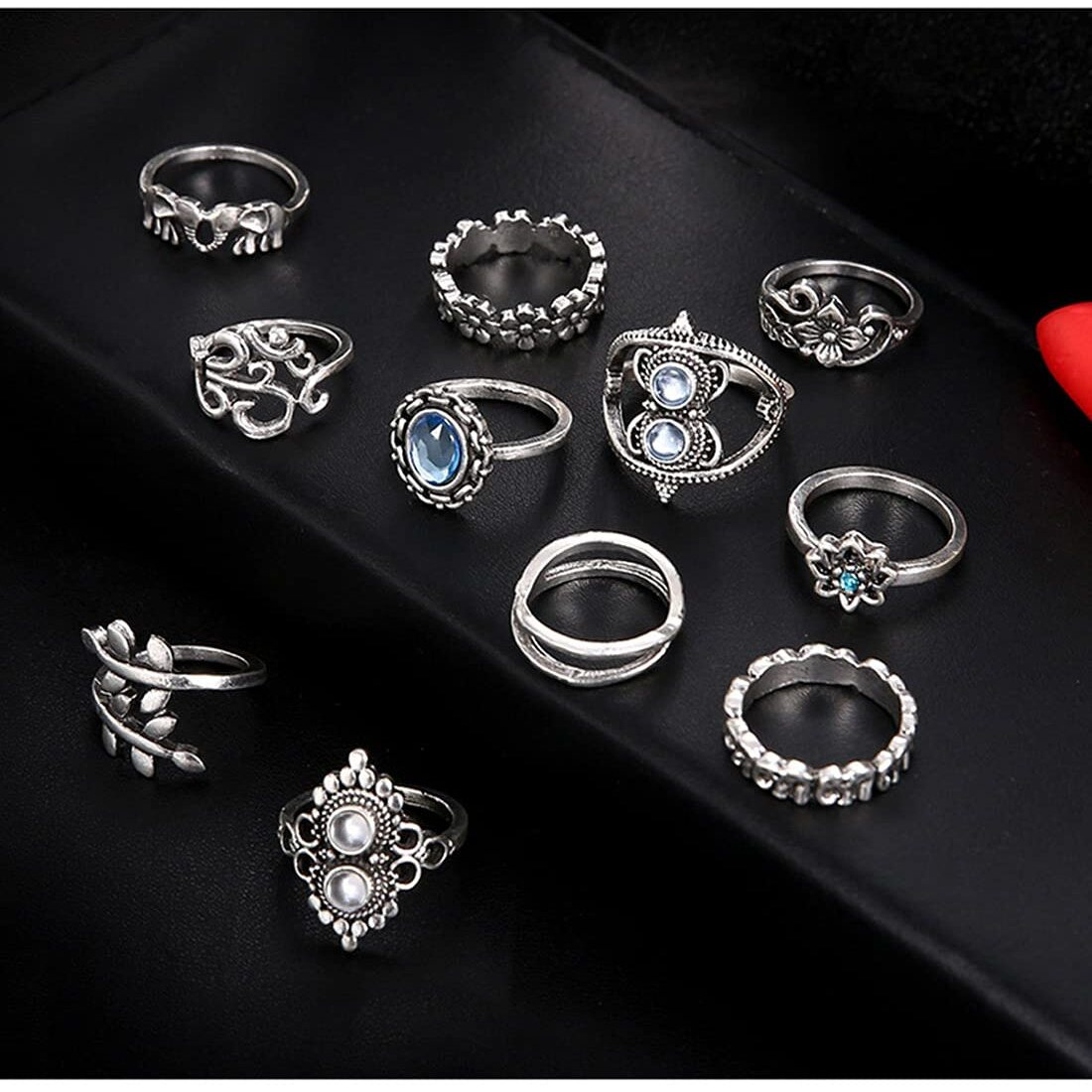 Yellow Chimes Rings for Women and Girls Fashion Aesthetic Ring Set Oxidised Silver Toned Aesthetic Rings Vintage Style Midi Finger 11 PCS Knuckle Rings Set | Birthday Gift For Girls & Women