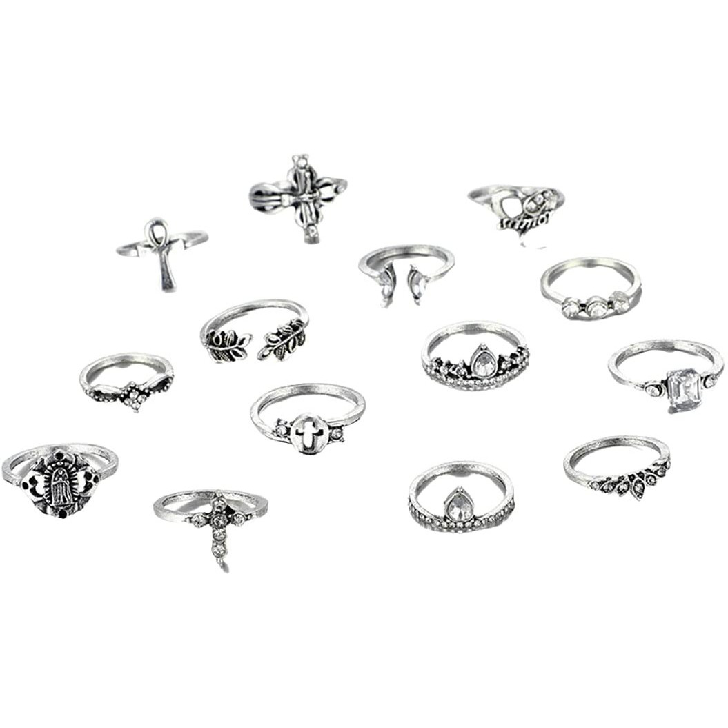 Yellow Chimes Rings for Women and Girls Fashion Aesthetic Ring Set Oxidised Silver Toned Aesthetic Rings Vintage Style Midi Finger 14 PCS Knuckle Rings Set | Birthday Gift For Girls & Women