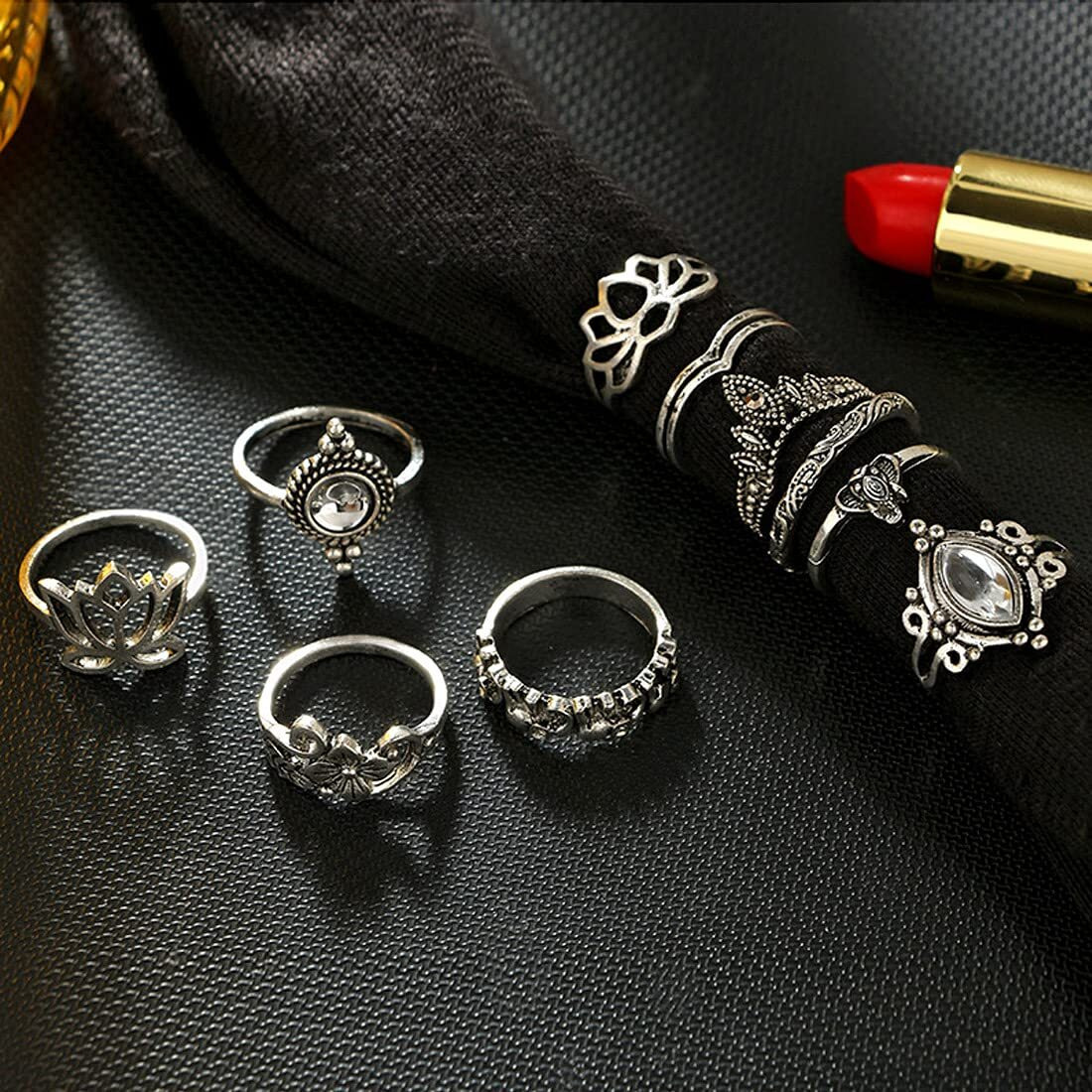 Yellow Chimes Rings for Women and Girls Fashion Aesthetic Ring Set Oxidised Silver Toned Aesthetic Rings Vintage Style Midi Finger 10 PCS Knuckle Rings Set | Birthday Gift For Girls & Women