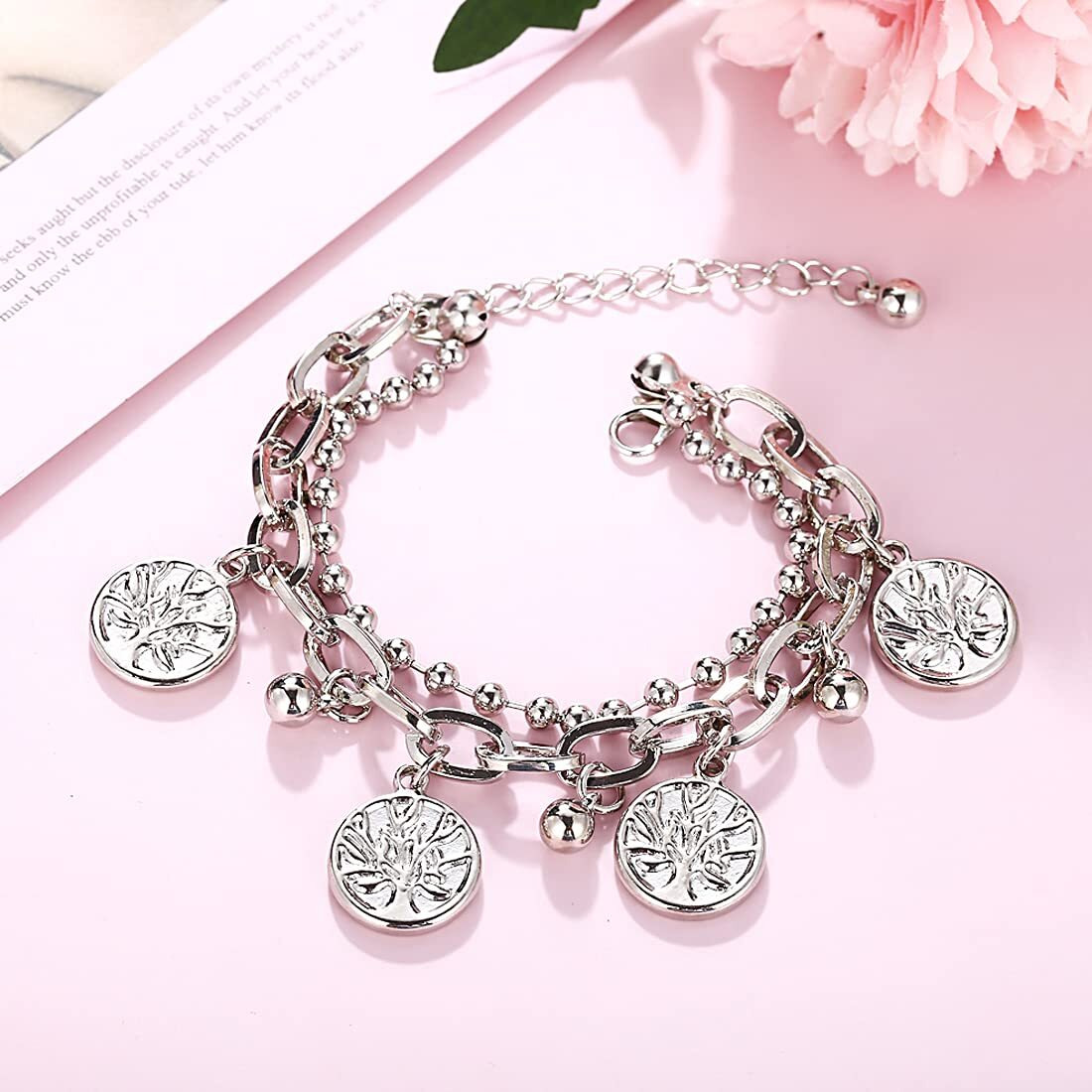 Yellow Chimes Stylish Silver Plated Coin Design Chain Beads Adjustable Bracelet for Women and Girls, Medium