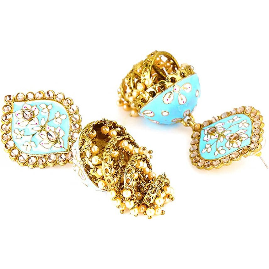 Yellow Chimes Ethnic Gold Plated Traditional Blue Meenakari Flower Design Golden Beads Jhumka Earrings for Women and Girls, Medium (YCTJER-104MNKJHK-BL)