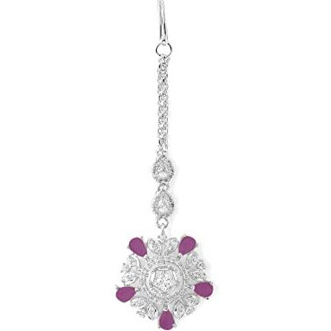 Yellow Chimes American Diamond Maang Tikka Silver Plated Luxury Pink Color Penta Shape Design For Women & Girls