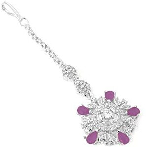 Yellow Chimes American Diamond Maang Tikka Silver Plated Luxury Pink Color Penta Shape Design For Women & Girls