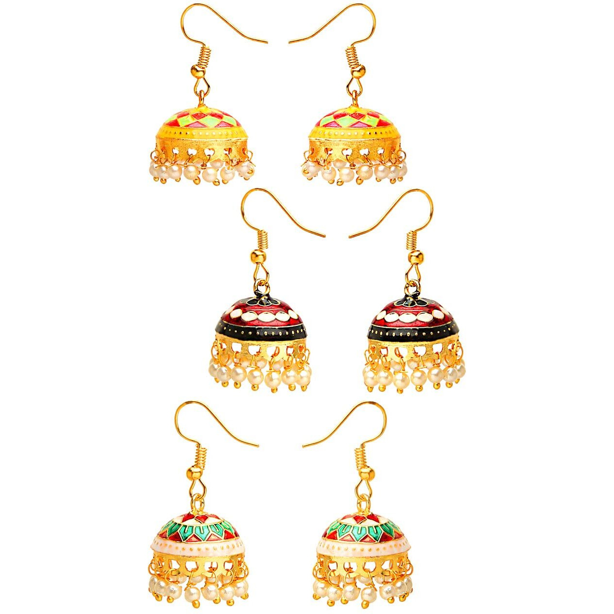 Yellow Chimes Meenakari Jumka Earrings with Ethnic Design Gold Plated Traditional Beads Combo of 3 pairs for Women and Girls
