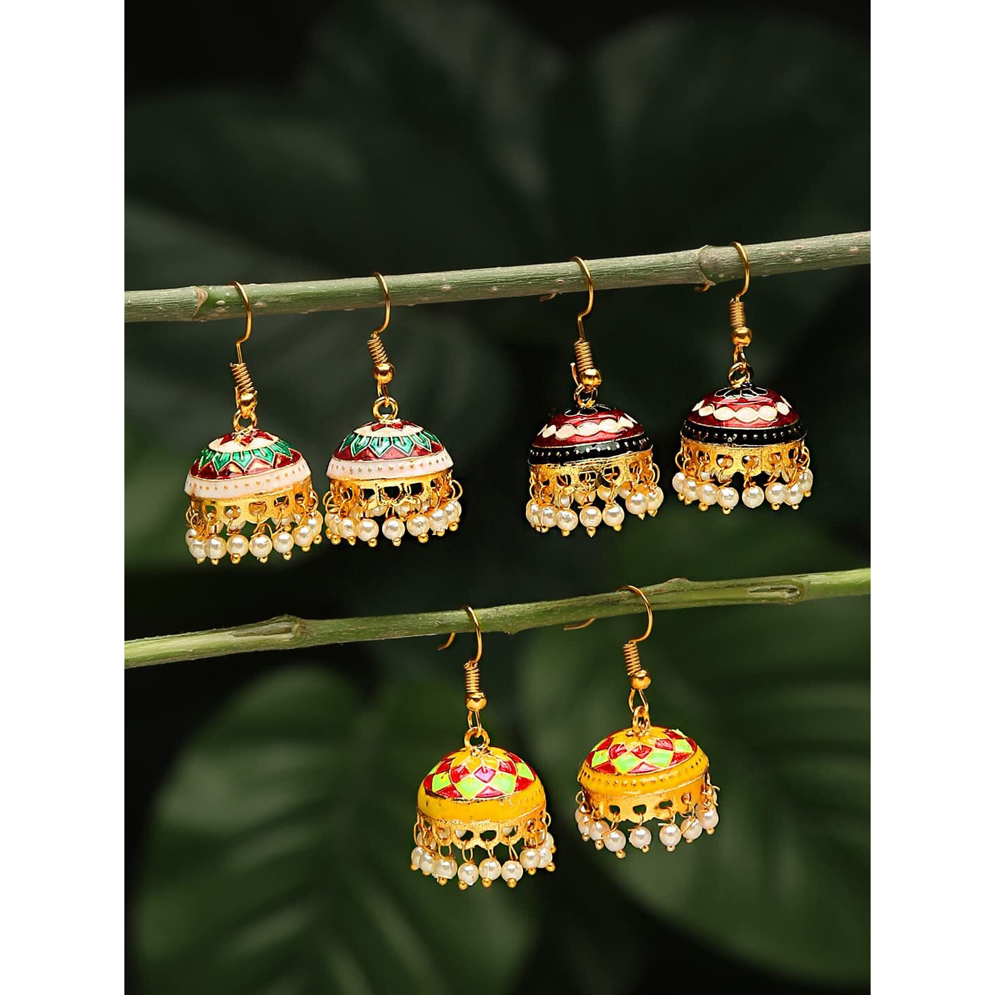Yellow Chimes Meenakari Jumka Earrings with Ethnic Design Gold Plated Traditional Beads Combo of 3 pairs for Women and Girls