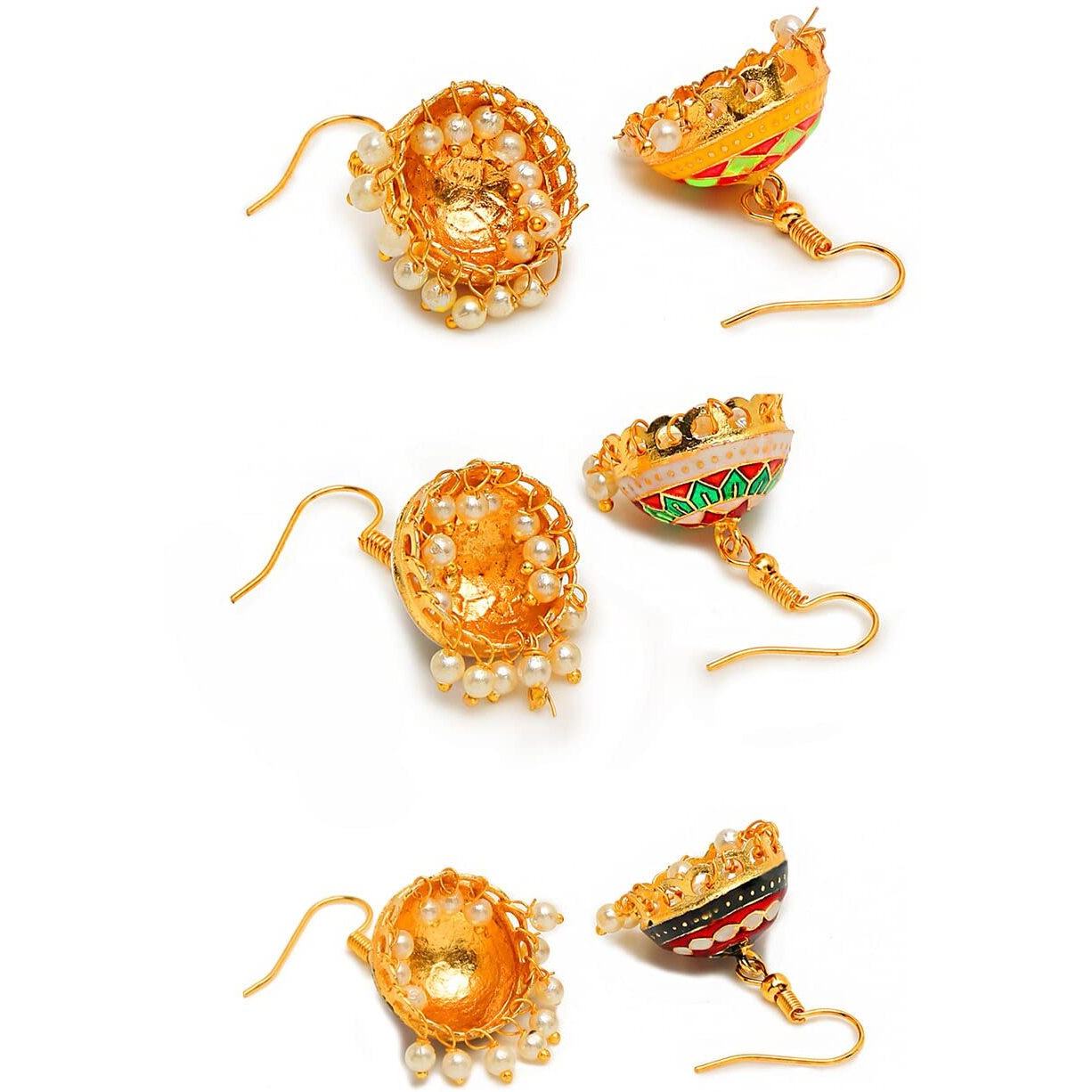Yellow Chimes Meenakari Jumka Earrings with Ethnic Design Gold Plated Traditional Beads Combo of 3 pairs for Women and Girls