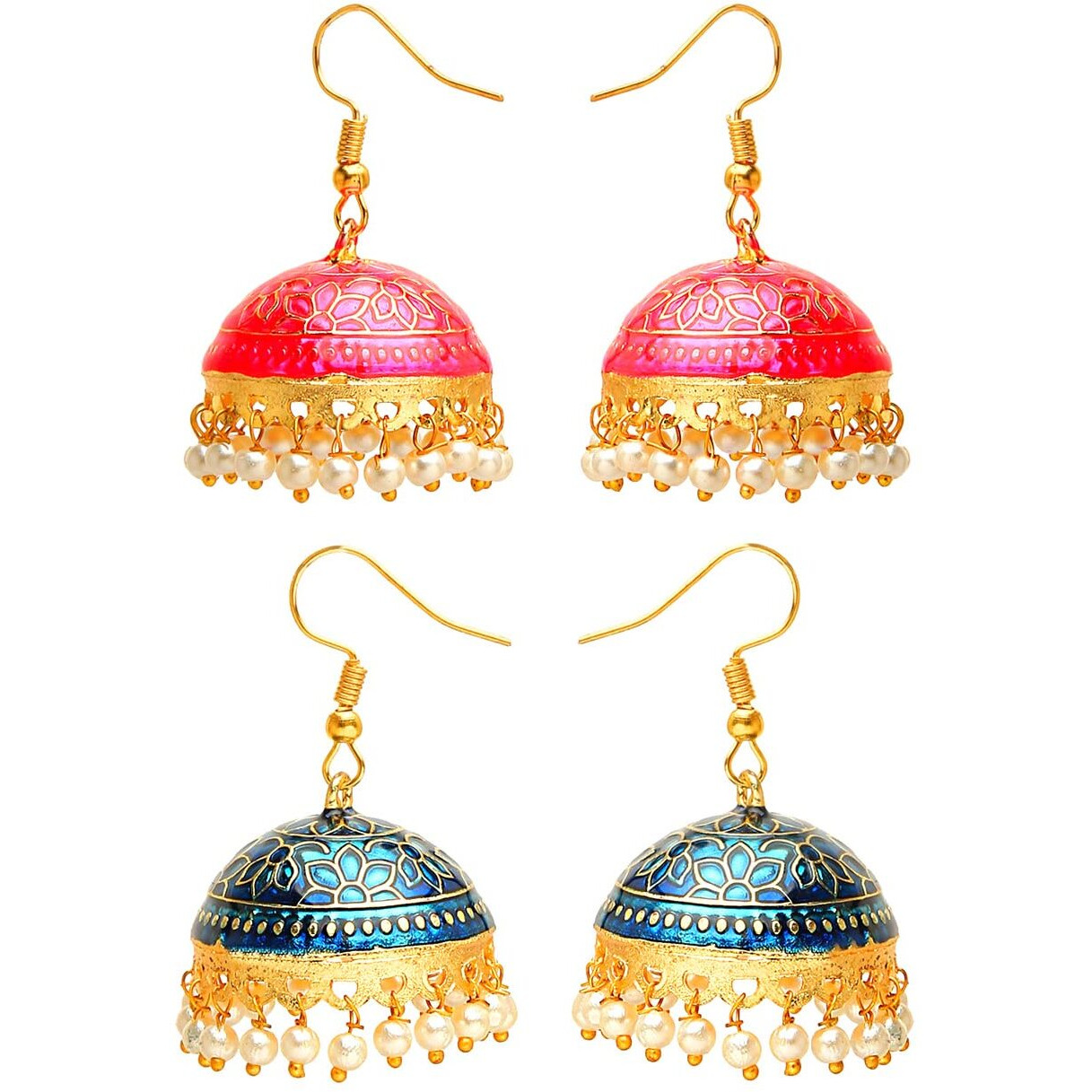 Yellow Chimes Meenakari Jumka Earrings with Ethnic Design Gold Plated Traditional Beads Combo of 2 pair for Women and Girls