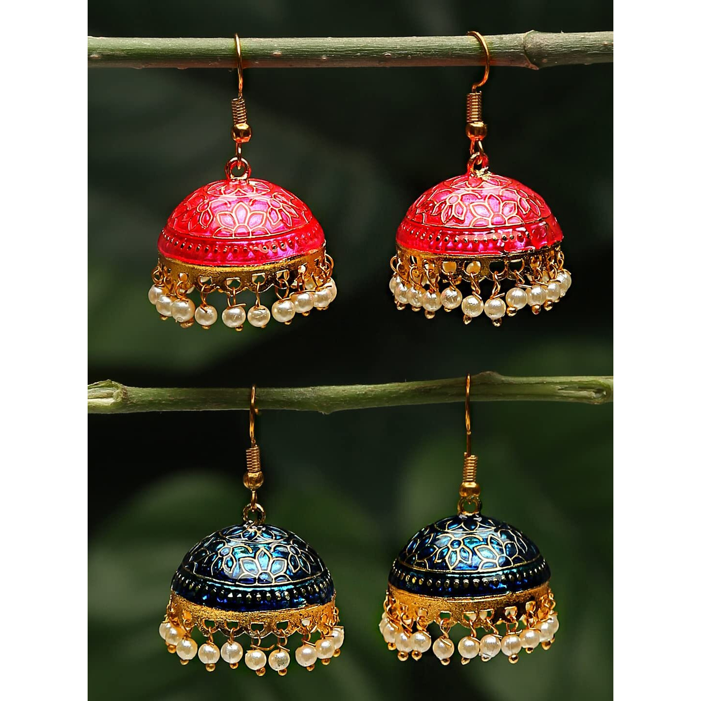 Yellow Chimes Meenakari Jumka Earrings with Ethnic Design Gold Plated Traditional Beads Combo of 2 pair for Women and Girls
