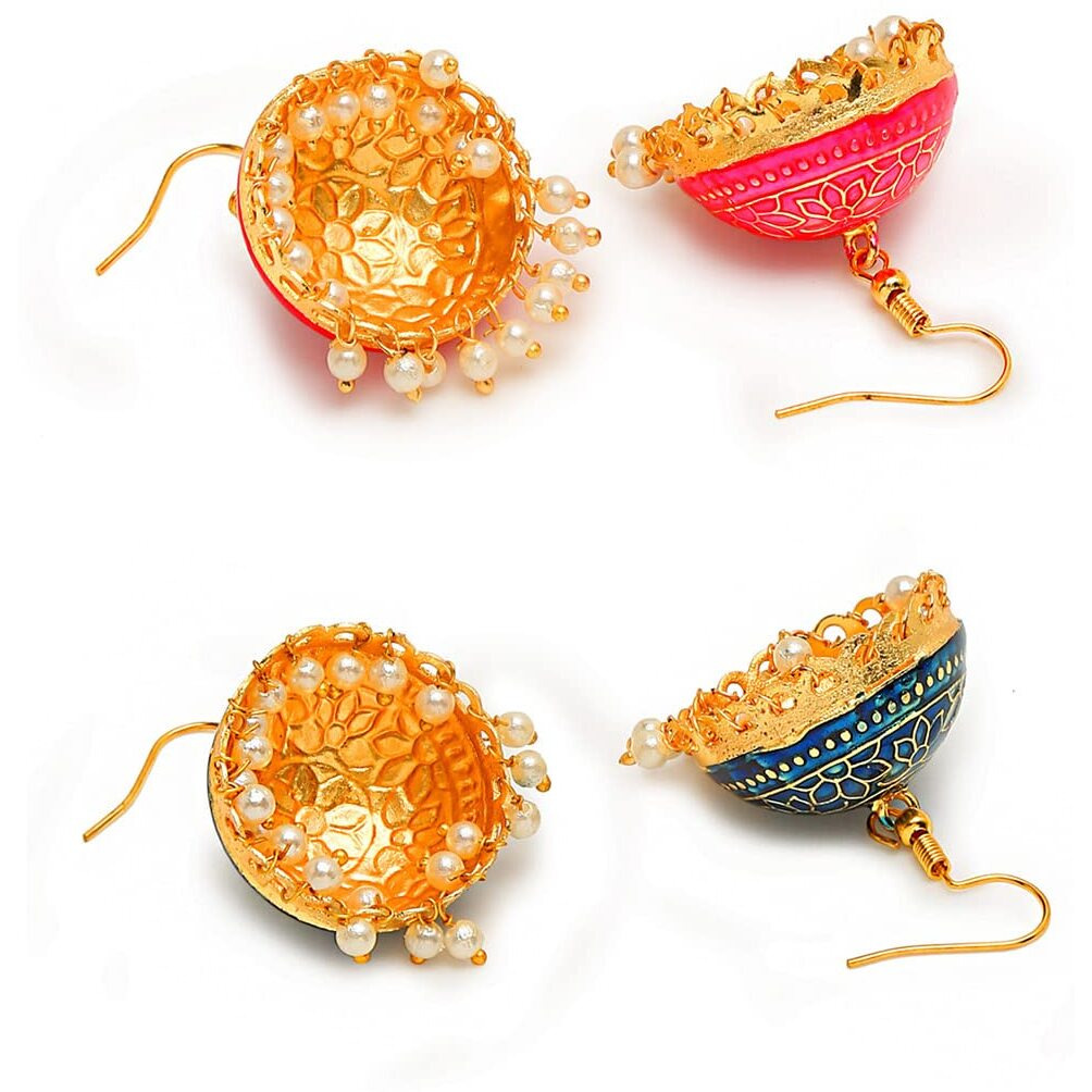 Yellow Chimes Meenakari Jumka Earrings with Ethnic Design Gold Plated Traditional Beads Combo of 2 pair for Women and Girls