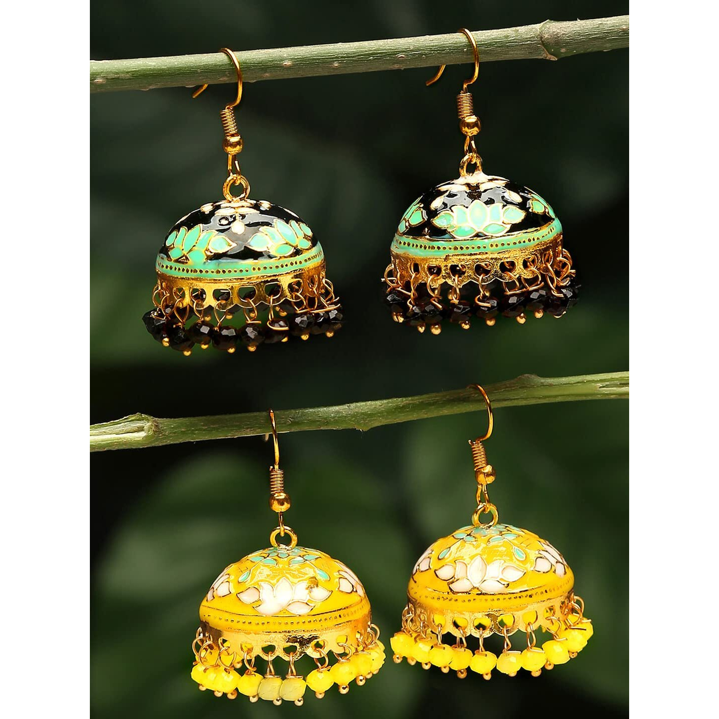Yellow Chimes Meenakari Jumka Earrings with Ethnic Design Gold Plated Traditional Beads Combo of 2 pair for Women and Girls