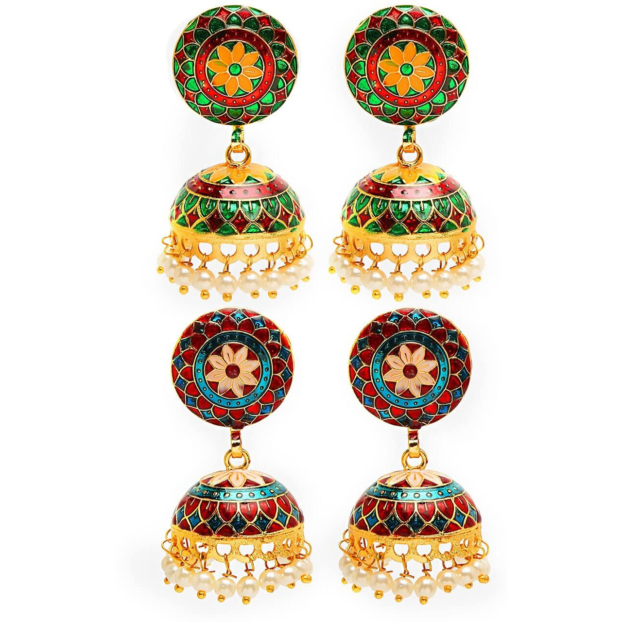 Yellow Chimes Meenakari Jumka Earrings with Ethnic Design Gold Plated Traditional Beads Combo of 2 pair for Women and Girls
