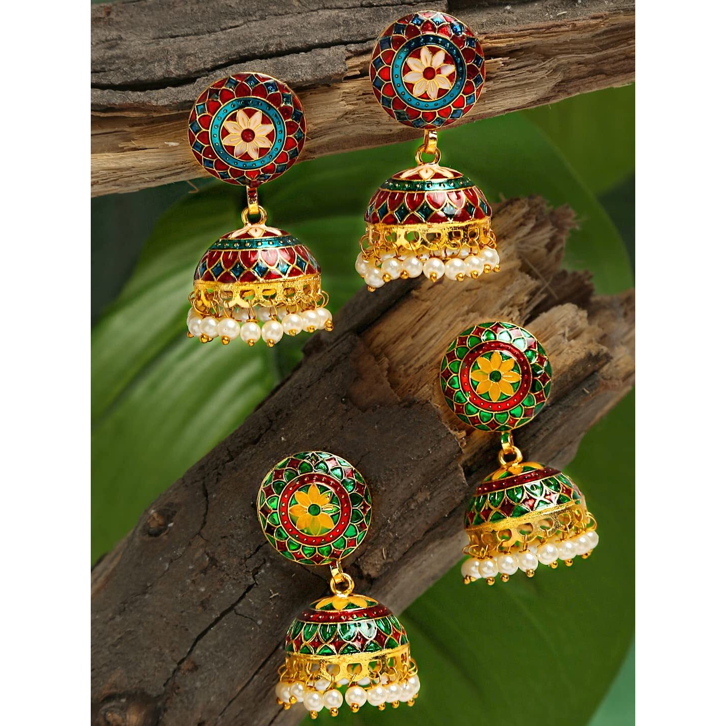 Yellow Chimes Meenakari Jumka Earrings with Ethnic Design Gold Plated Traditional Beads Combo of 2 pair for Women and Girls