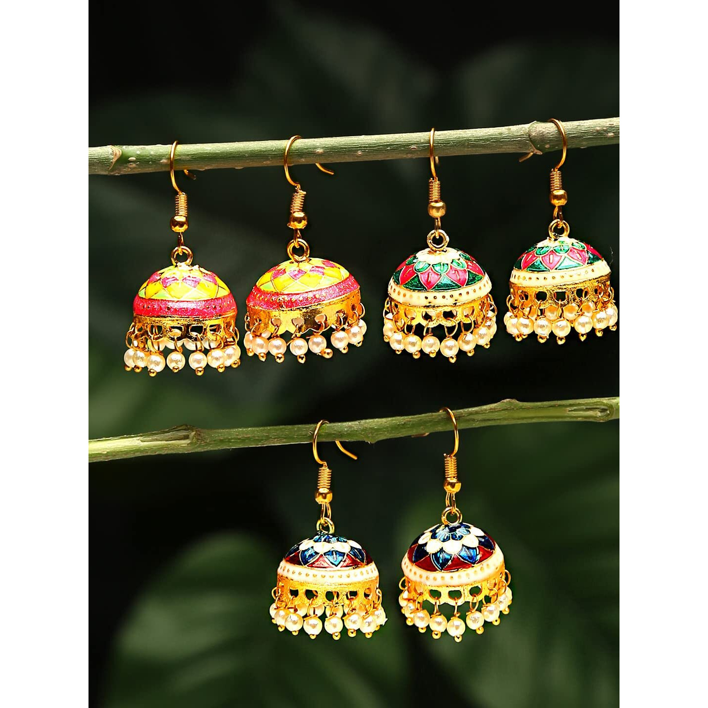 Yellow Chimes Meenakari Jumka Earrings with Ethnic Design Gold Plated Traditional Beads Combo of 3 pair for Women and Girls
