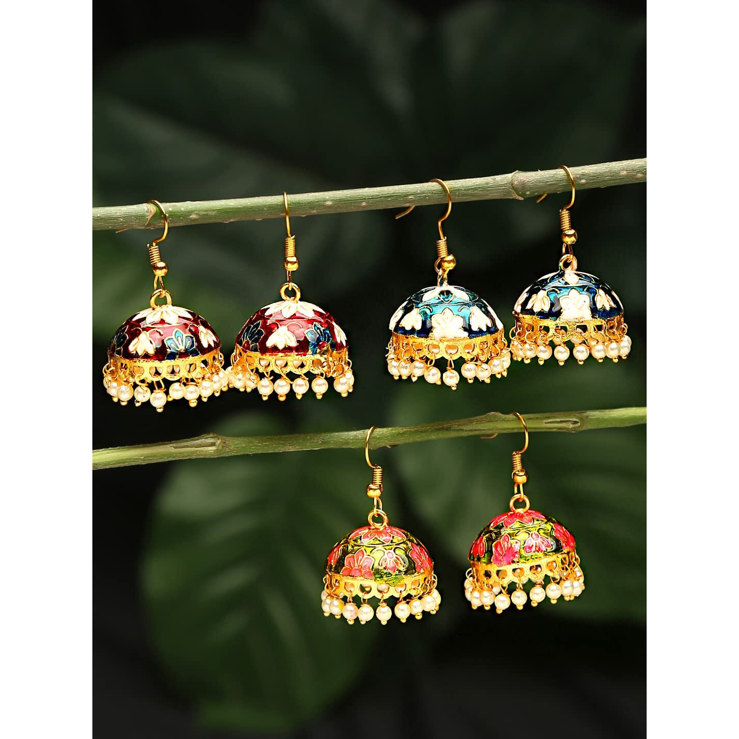 Yellow Chimes Meenakari Jumka Earrings with Ethnic Design Gold Plated Traditional Beads Combo of 3 pair for Women and Girls