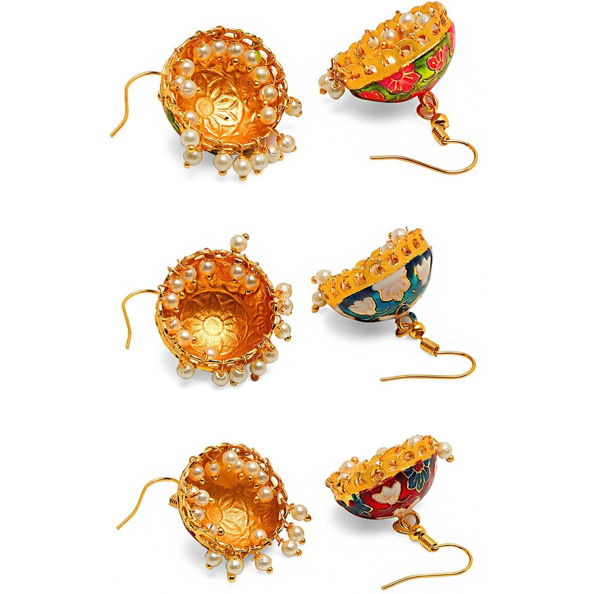 Yellow Chimes Meenakari Jumka Earrings with Ethnic Design Gold Plated Traditional Beads Combo of 3 pair for Women and Girls