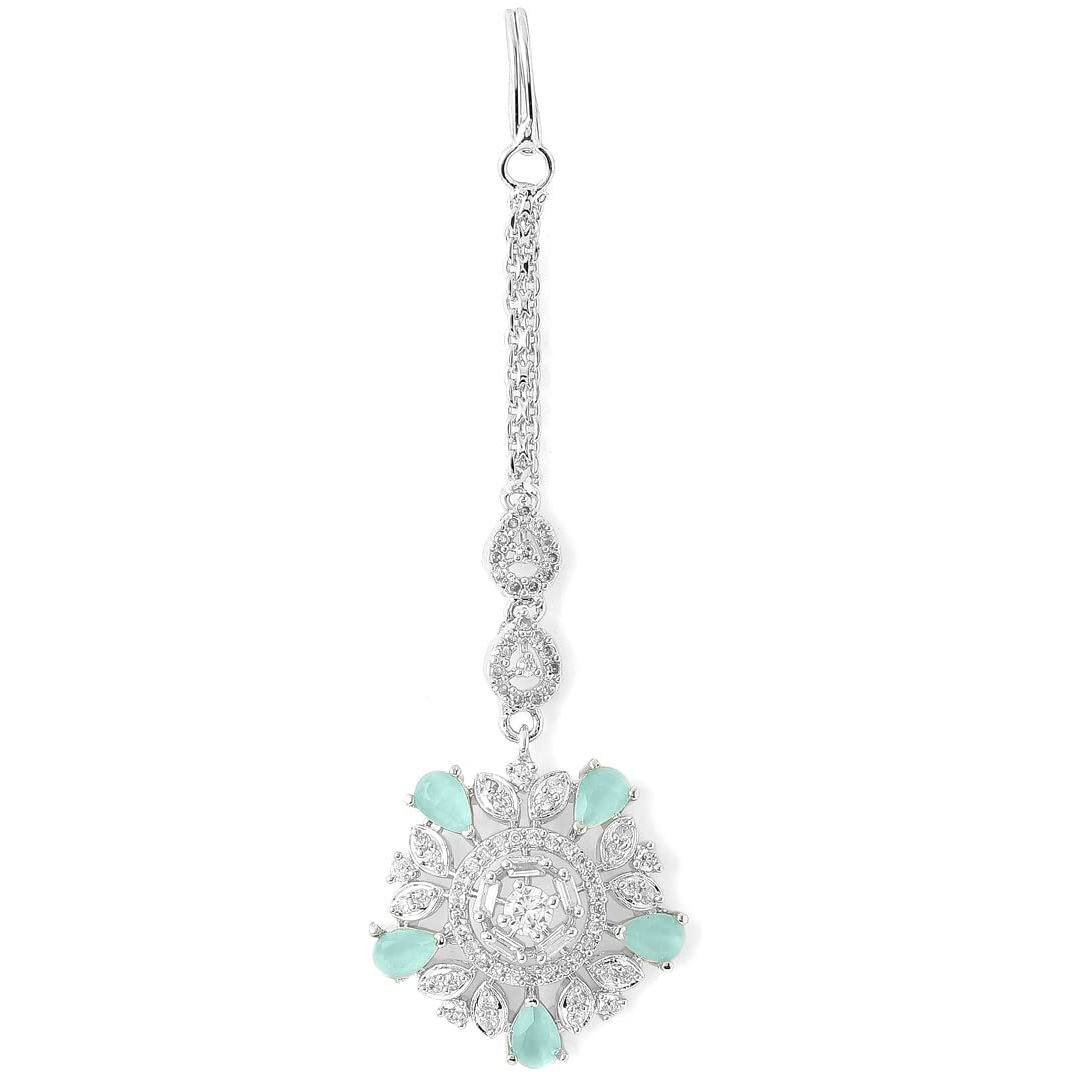 Yellow Chimes Silver Plated Luxury Sea Green Color AD Studded Penta Shape Design Handcrafted Maang Tika For Women & Girls