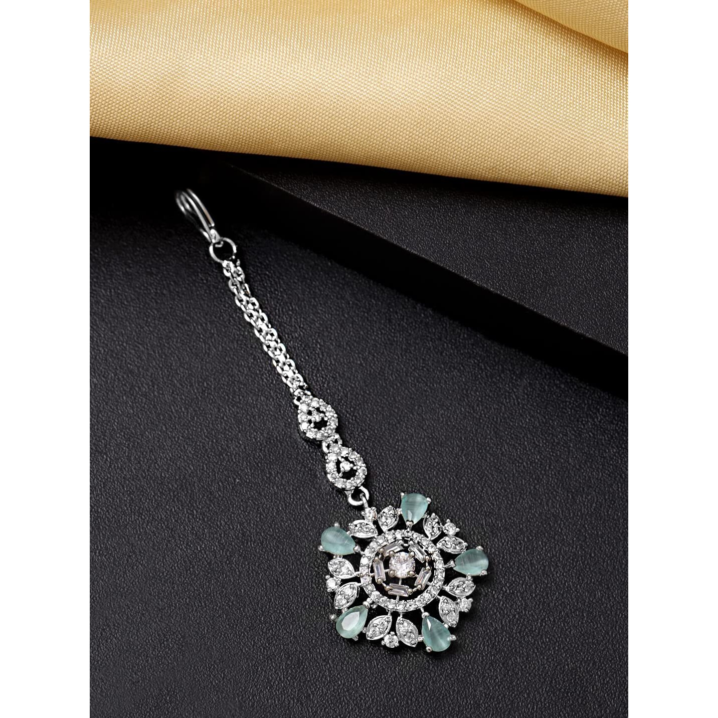 Yellow Chimes Silver Plated Luxury Sea Green Color AD Studded Penta Shape Design Handcrafted Maang Tika For Women & Girls